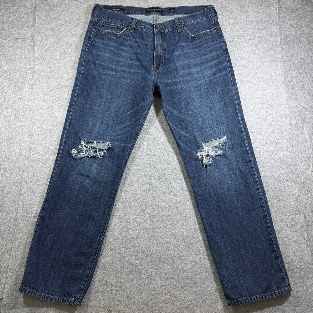 Lucky Brand 363 Straight Jeans Mens 38/32 Dark Blue Denim Distressed Ripped Knee